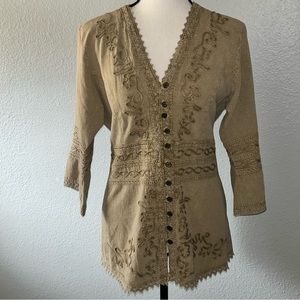 Inca Cottons Peru Large Washed Tan Embroidered Button Up 3/4 Sleeve V-Neck Top